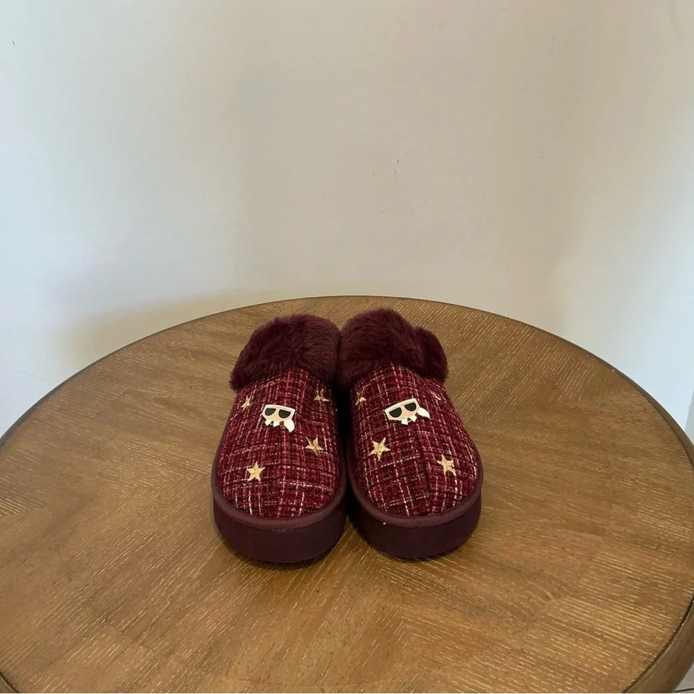 Karl Lagerfeld Hessa Tweed Gold Faux Fur Trim Platform Slides